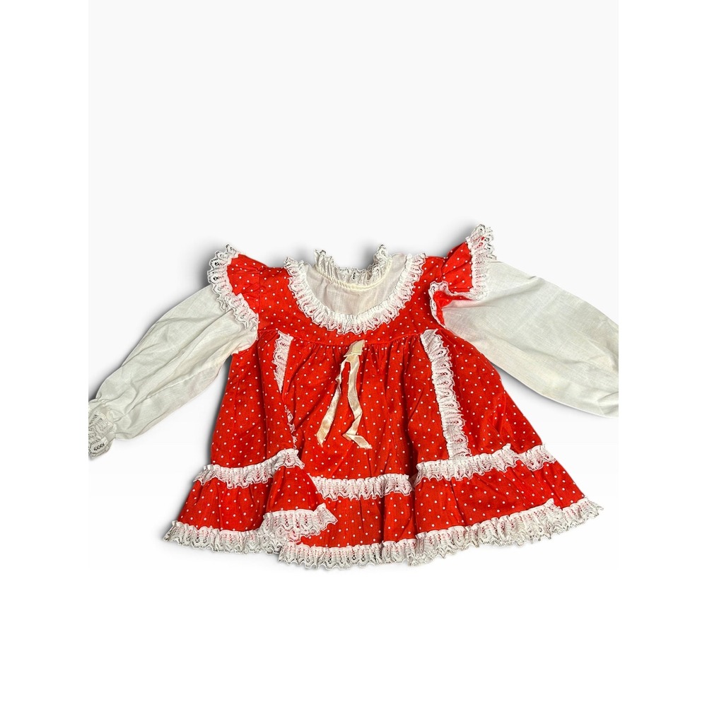Vintage 70s 80s Hugs & Kisses Baby Dress Dot Lace Ruffle 18 Months Made in USA